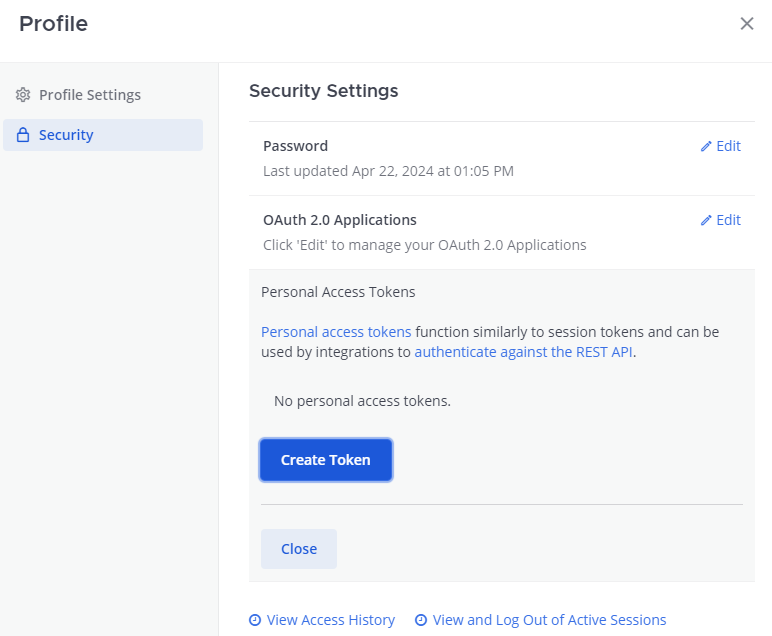Create a Access Token in the Security tab under the Profile Menu.
